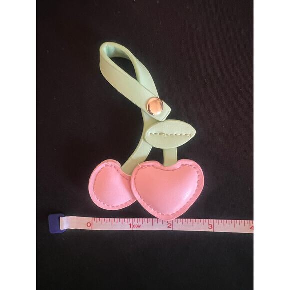 CHERRY LEATHER CHARM FOR PURSE BACKPACK HANDBAG ACCESSORY KEY CHAIN PINK GREEN - Picture 5 of 5